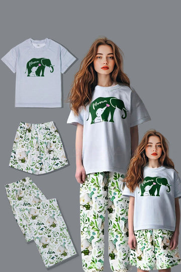 Pyjama familial assorti à manches courtes imprimé floral vert blanc